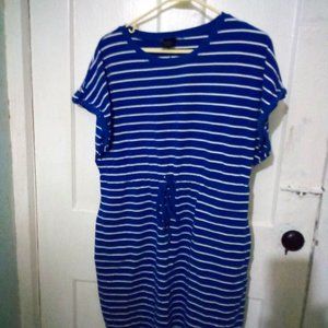 Rafaella  Blue and White Striped Draw Waist Tee Dress with Pockets